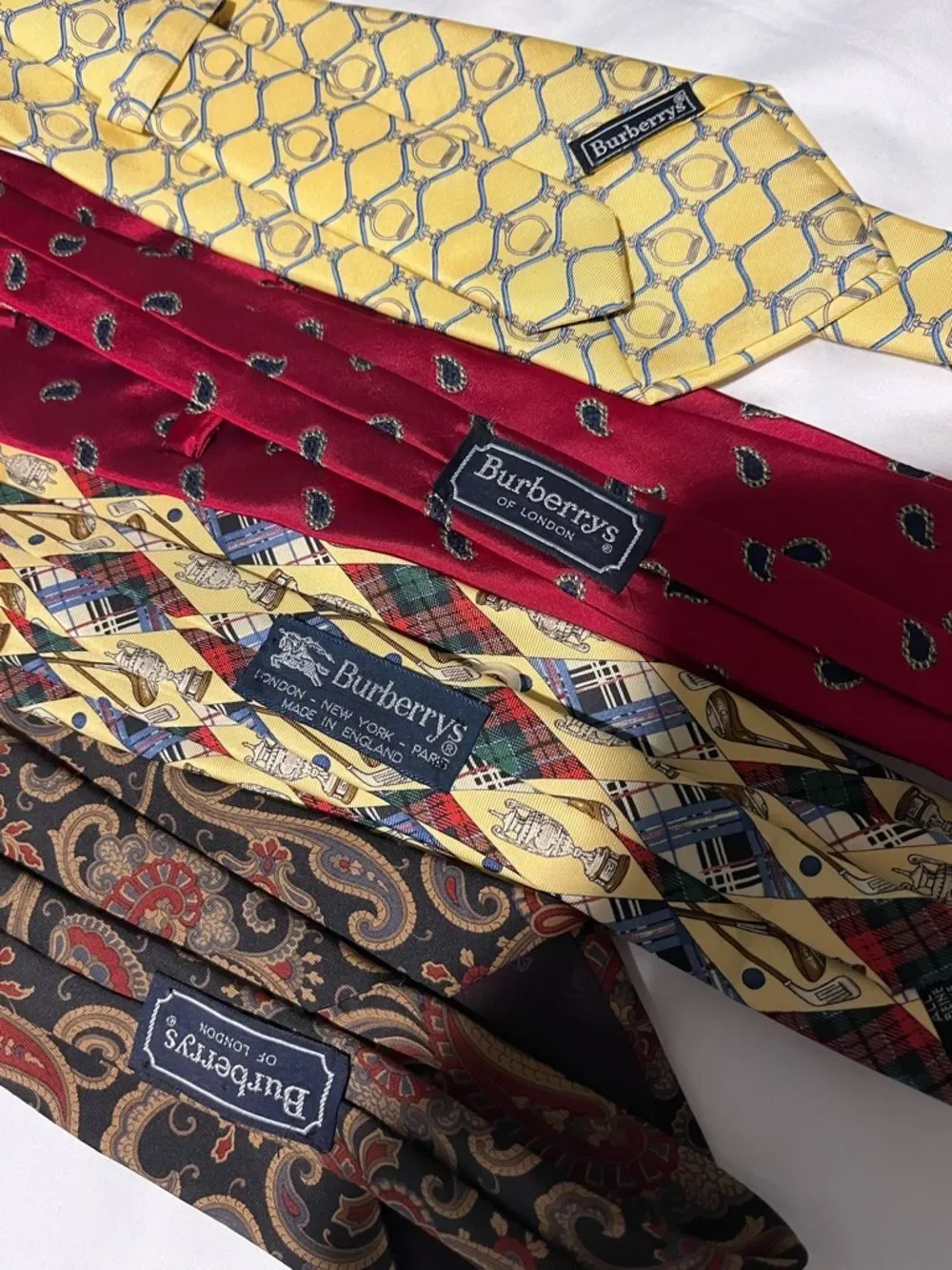 4-Burberrys of London retro golf paisley tear drop equestrian sewn neck tie